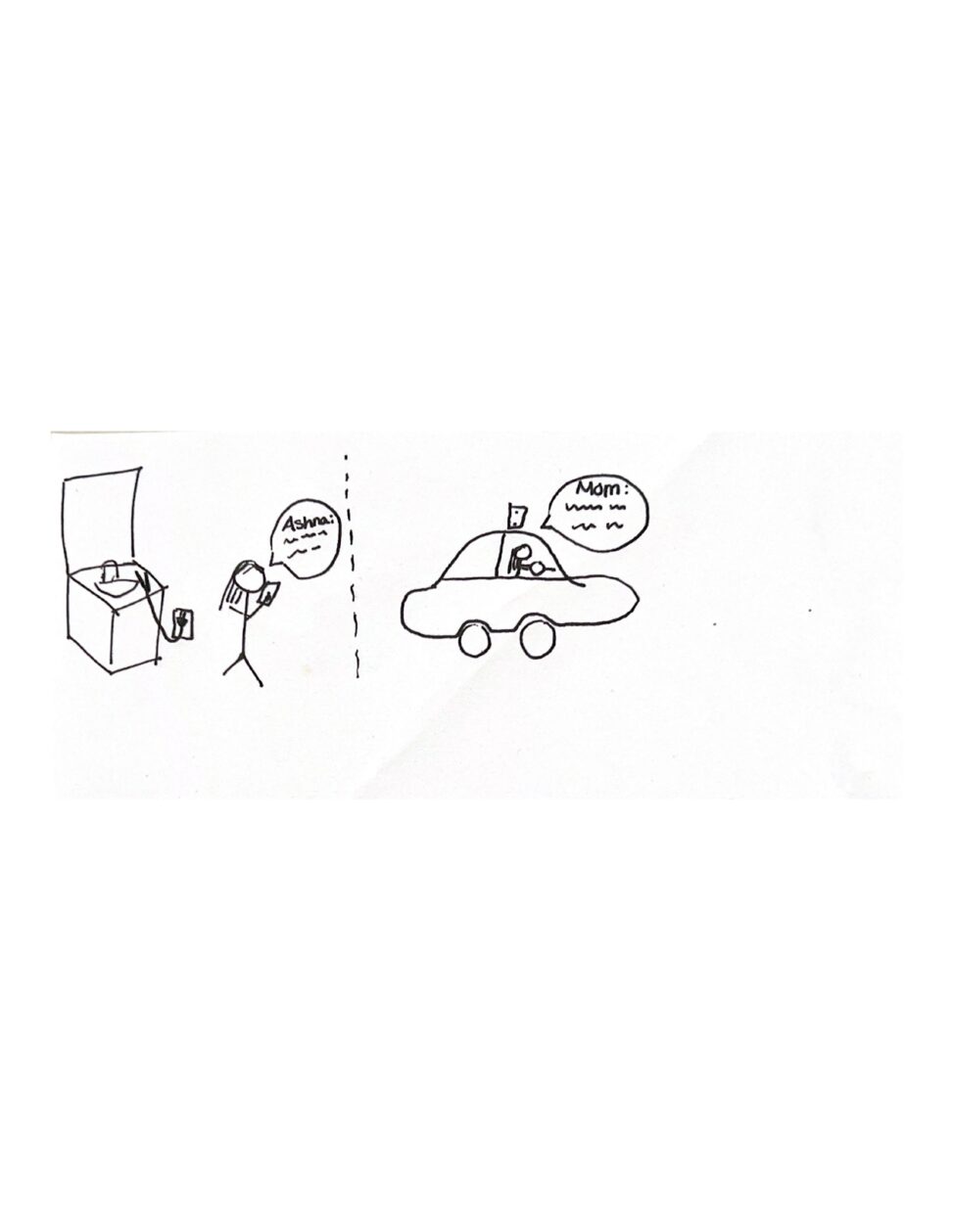 The stick figure, me, in the car is on the phone with my mom. On the other side there is my mom standing in the washroom on the phone with me. In the washroom there is a plugged hair straightner