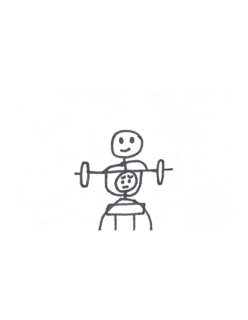 Stick figure helping another stick figure bench pressing
