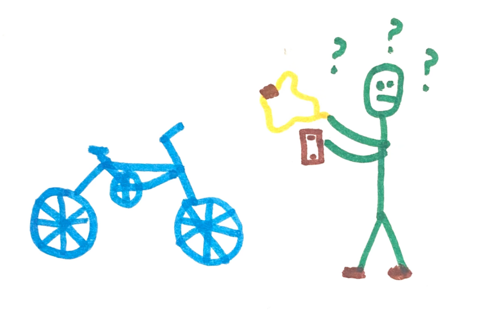 Stick figure holding a bike lock and a phone next a bike with question marks over his head.