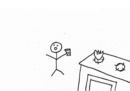 Stick figure person trying to douse a fire in the kitchen.