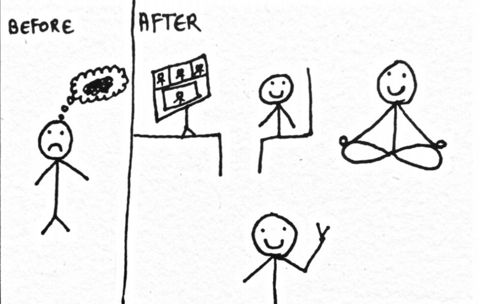 Stick figure person looking confused and stressed before the course, but happy and satisfied after the course.