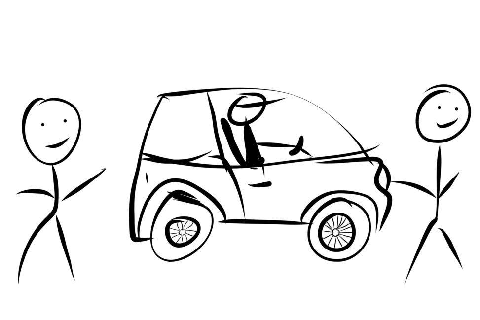 A stick figure is standing near a car and another person is standing on the other end of the car and they are discussing something.