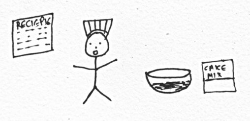 Stick figure person trying to bake a cake while looking at the recipe.