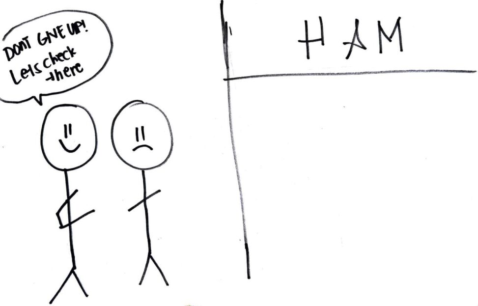 Two stick figure. One is trying to convince the sad stick figure to try to look at the other store.