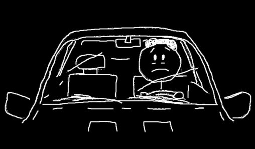 Theres a man that doesnt look happy at all while hes driving in his car he has a frown on his face and his eyes look tired