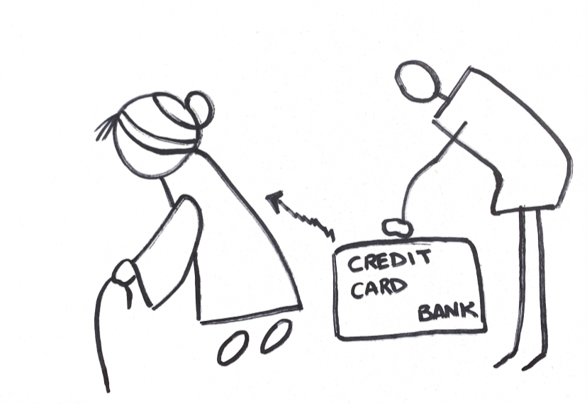A stick figure picking up a bank credit card and another old stick figure walking with a stick