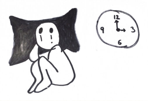A stick figure lying on the pillow and tears in his eyes, and a clock indicating 3am