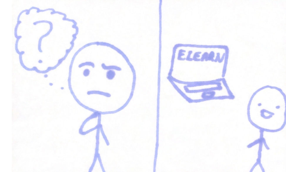 First panel shows stick figure looking skeptical. The second panel shows stick figure happy while looking over the psychology elearn page on a laptop