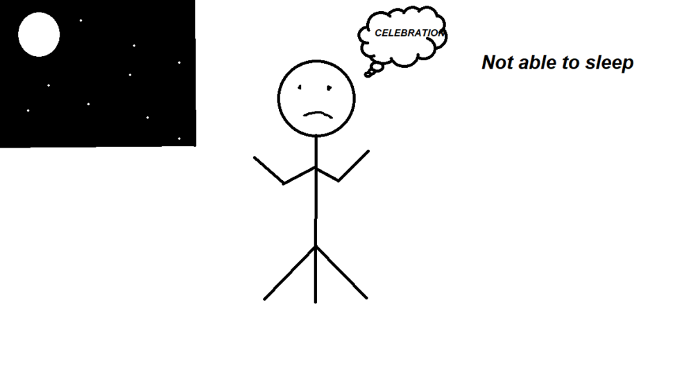 The stick figure person showing a sad face because of lack of sleep and there is a night scene beside the figure.