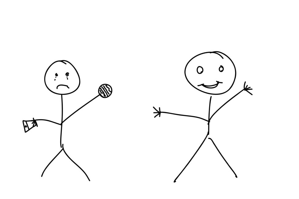 Two stick figures are standing next to each other and one is sad and the other one is happy