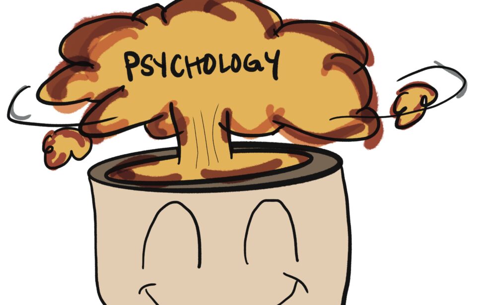 An explosion on a person's head, and the word "psychology"