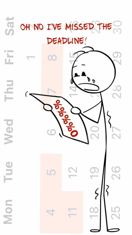 Stick Figure holding a paper and regretting not submitting in time or checking things properly.