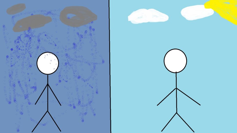 on the left is a stick figure standing in the rain, on the right is a stick figure standing in the sun